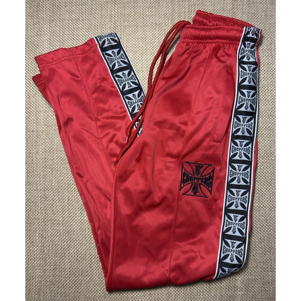 Vtg West Coast Chopper Red Track Pants Youth Medium Shiny Motorcycle Sweatpants‎